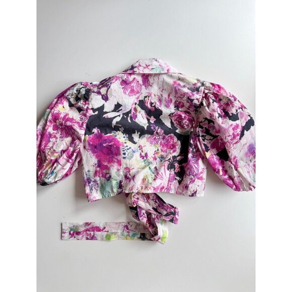 ROCOCO SAND Tessa Pink Floral Cotton Puff Sleeve Wrap Top Shorts Set, Size S - Picture 9 of 16